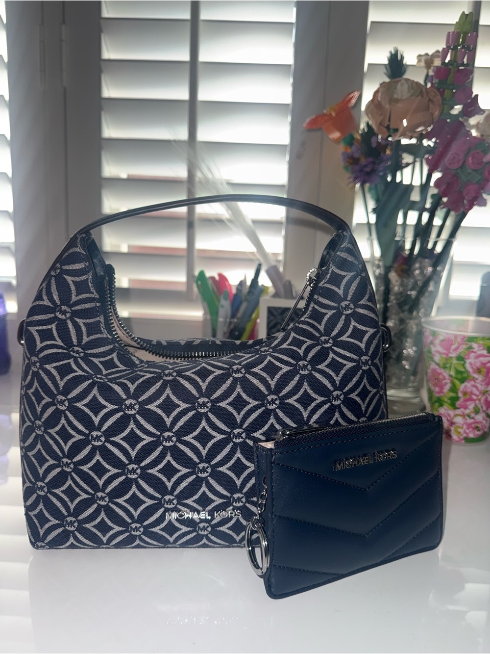 Michael Kors Navy Patterned Logo Hobo Bag with Navy Card Wallet